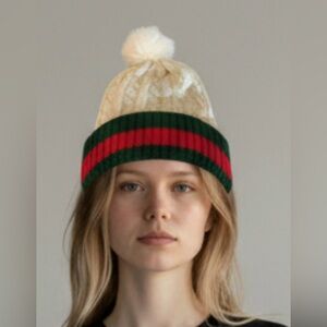 Women’s Cable Knitted Beanie W/Red and Green Band and Pom Pom One Size